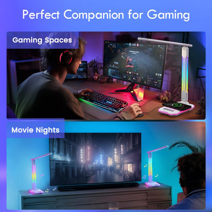 WILIT Desk Lamp for College Dorm Room, RGB Gaming Desk Light with Wireless Charging & USB Port, Gamer lamp Sound Reactive,3 Color Modes 5 Brightness,Reading Lamp Touch Control for Home Office,Study