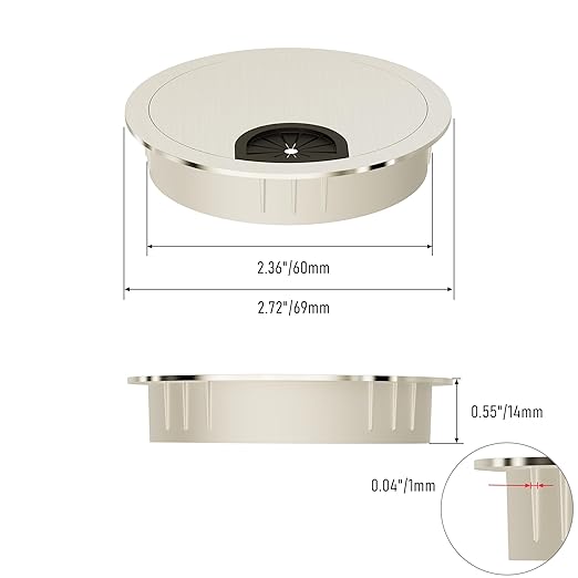2 Pack Desk Grommet 2-3/8 Inch 60mm, Zinc Alloy Computer Desk Wire Hole Cover, Office Desktop Cord Cable Hole Metal Ring, Brushed Silver