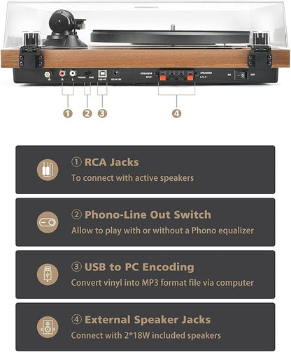 Record Player Vinyl Bluetooth Turntable with 36 Watt Stereo Bookshelf Speakers, Hi-Fi System with Magnetic Cartridge, USB Recording and Auto Stop