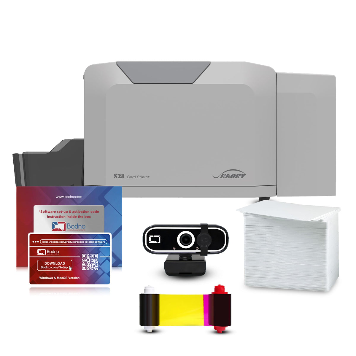 Bodno Seaory S28 Dual Sided ID Card Printer & Complete Supplies Package ID Software and Camera - Silver Edition