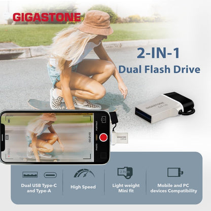 GIGASTONE 256GB Nano Luxus Dual USB Flash Drive, USB-C & USB-A, 100MB/s High-Speed Storage, Metal Design