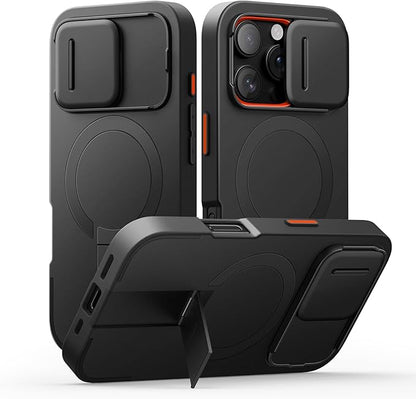 SURITCH for iPhone 16 Pro Case with Slide Camera Cover and Adjustable Kickstand, Compatible with MagSafe, Shockproof Bumper Case Slim Protective Cover for iPhone 16 Pro 6.3 Inch,Black