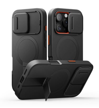 SURITCH for iPhone 16 Pro Case with Slide Camera Cover and Adjustable Kickstand, Compatible with MagSafe, Shockproof Bumper Case Slim Protective Cover for iPhone 16 Pro 6.3 Inch,Black