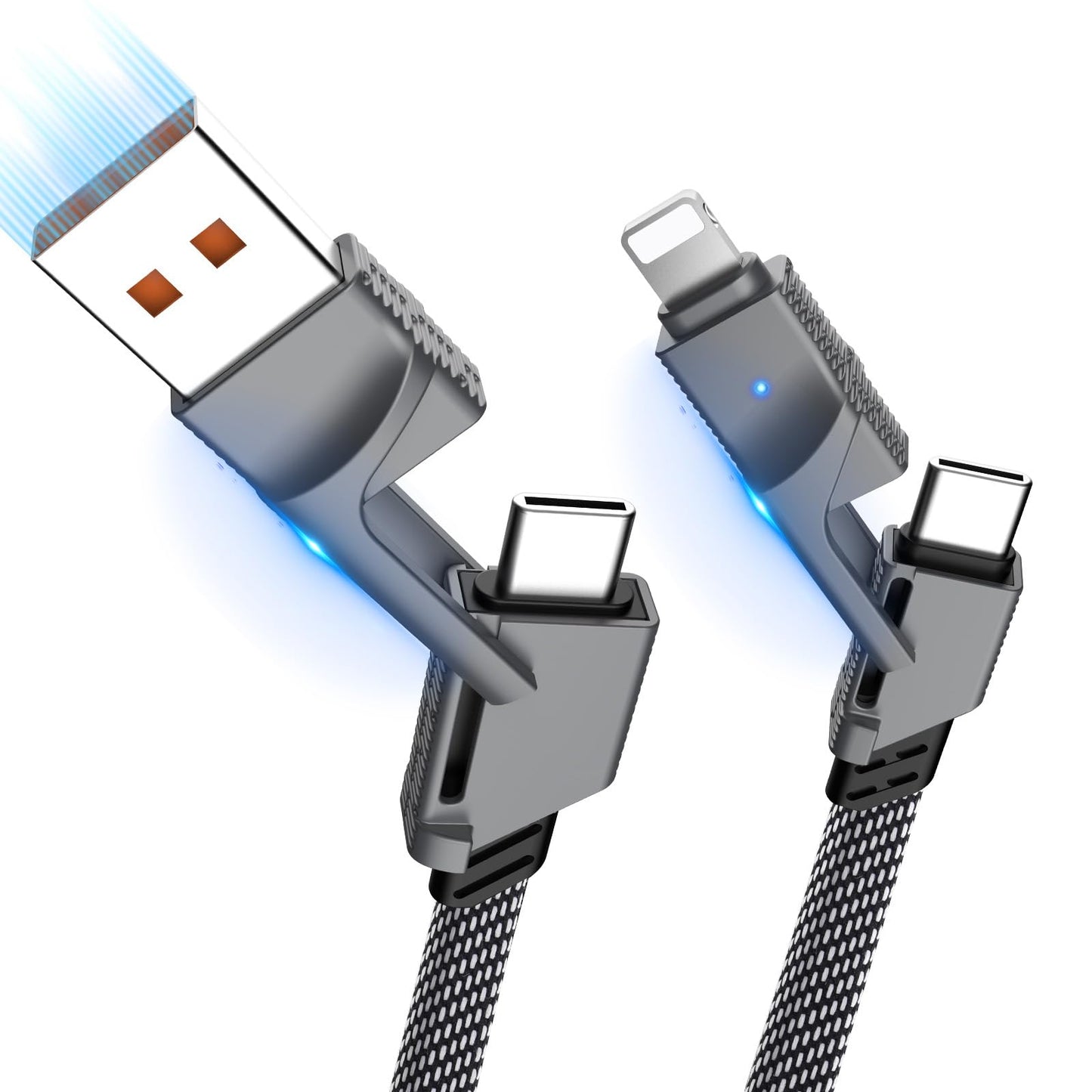 [2-Pack] 60W Multi Charging Cable 6FT, 4 in 1 USB C Cable Fast Charging Cord, Flat Braided Dual Type C & Lightning Multi Charger for iPhone 17 16 15 Pro Max/Air, Samsung S24 S23, Pixel, Car & Travel