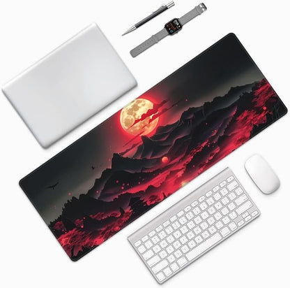 Extended Gaming Mouse Pad, Large Desk Mat XL Anime Mouse Pad Waterproof with Stitched Edges, Non-Slip Desktop Pad for Home and Office, Level Up Your 31.5x11.8 Inch (Darkness Red Moon3)