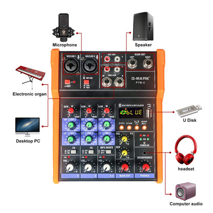 G-MARK Analog Mixer Audio 4 Channel DJ Audio Mixer Bluetooth Studio Karaoke For PC Live Performance KTV Home Stage Music Effects Sound Card Protable Mixing Console