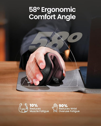 ProtoArc Ergonomic Vertical Mouse, EM11 NL Rechargeable Wireless Mouse Bluetooth, Ergo Mice with 3 Multi-Device for PC/Notebook/Laptop, 2.4GHz Optical Mice for Windows, Mac OS, Wine Red