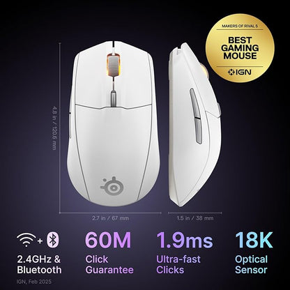 SteelSeries Rival 3 Wireless Gen 2 Gaming Mouse — 2.4GHz and Bluetooth — 18000 DPI TrueMove Air Optical Sensor — 60 Million Click Durability — Light-Weight — 100% PTFE Feet — White
