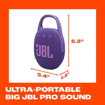JBL Clip 5 - Ultra-Portable, Waterproof & Dustproof Bluetooth Speaker, Big Pro Sound with Punchy bass, Integrated Carabiner, Up to 12 Hours of Play, Made in Part with Recycled Materials (Purple)
