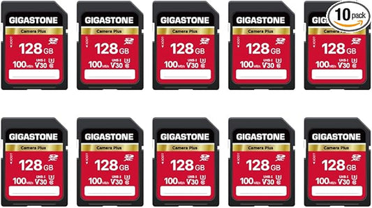 GIGASTONE 128GB SD Card 10-Pack, Camera Plus, UHS-I V30 U3 SDXC Memory Card High Speed UHD Video Speed up to 100MB/s, Compatible with Digital Camera, with 10 Mini Cases