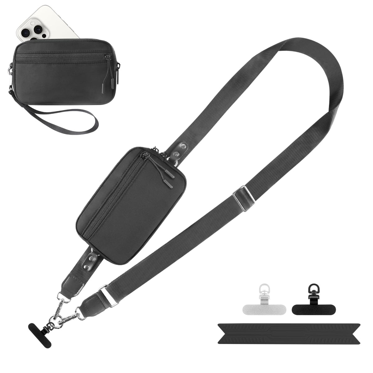 YFWE Clip and Go Strap for Phone with Wallet Crossbody, Adjustable Phone Lanyard with Detachable RFID Wristlet Wallet, Phone Strap with Phone Tabs for All Phones, Black Checkered (M)