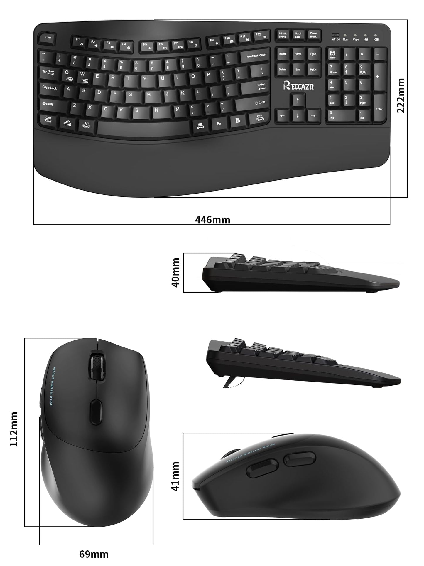 Wireless Keyboard and Mouse Combo,2.4G Full Size Wave Keys Ergonomic Keyboard with Wrist Rest for Natural Typing, 3 DPI Adjustable Ergonomic Silent Mouse for Computer/Laptop/Windows/Mac (Black)