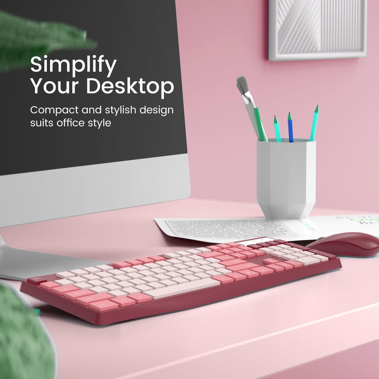 Wireless Keyboard and Mouse Combo, Lovaky 2.4G Full-Sized Ergonomic Keyboard Mouse, 3 DPI Adjustable Cordless USB Keyboard and Mouse, Quiet Click for Computer/Laptop/Windows/Mac (1 Pack, Rose)