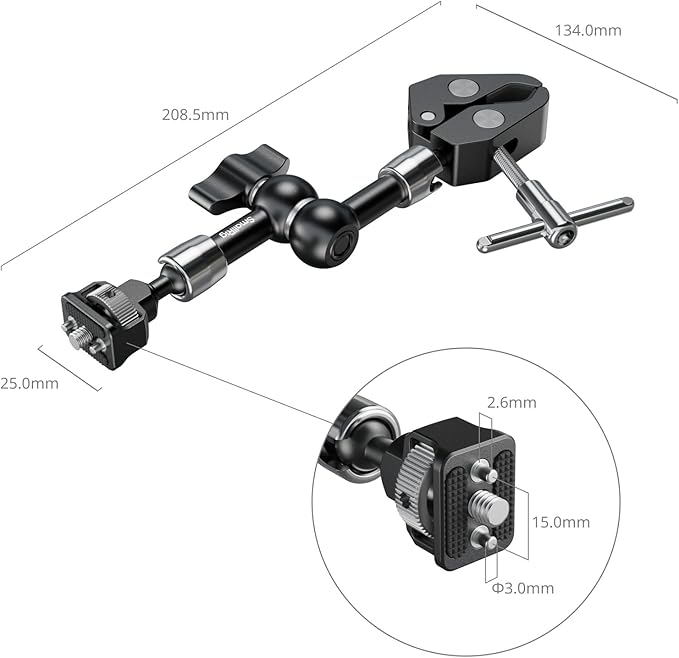 SMALLRIG 7 Inch Magic Arm with Crab-Shaped Clamp, Arm with 1/4"-20 Screw and Retractable Pins, for Action Cameras, Monitors, Video Lights, and Microphones - 5310