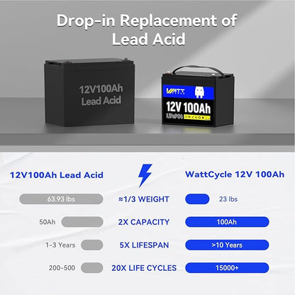 LiFePO4 Lithium Battery 12V 100Ah, Use EV Grade A+ Cell, Buit-in 100A BMS, Low Temperature Protection, Up to 15000 Cycles -Perfect for RV, Solar System, Trolling Motor, etc.