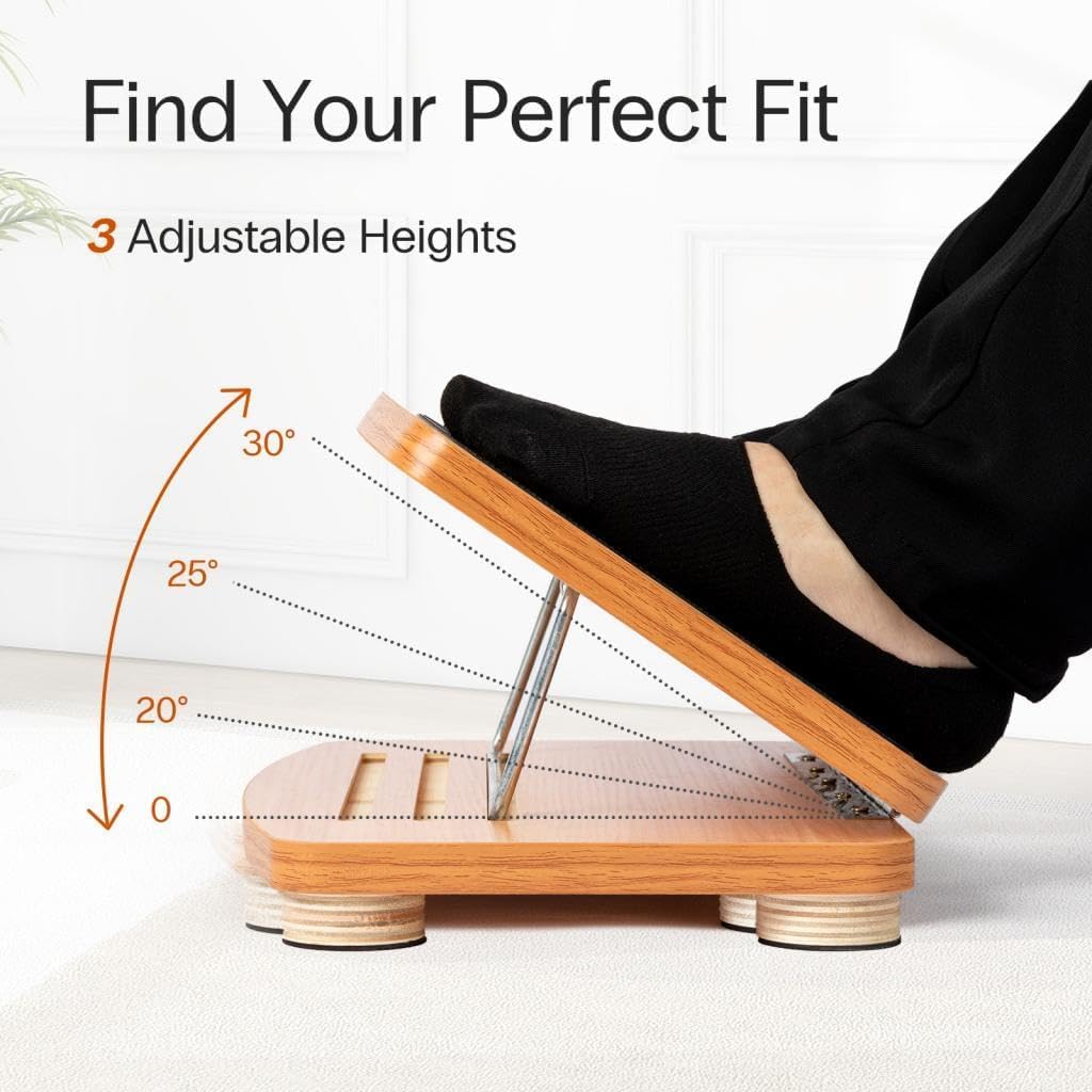 StrongTek Wooden Desk Foot Rest, Adjustable 3 Heights, Non-Slip, Under Desk