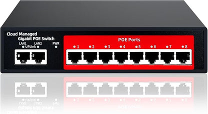 STEAMEMO 10-Port Gigabit Managed PoE Switch, 8 PoE+ Ports@120W, 2 Uplink Ports, VLAN, PoE Scheduler, Fanless, Plug and Play, Sturdy Metal, Desktop and Wall-Mount
