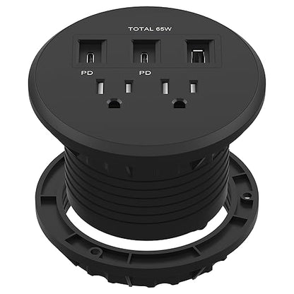 LIDER PD 65W GaN Technology Desktop Power Grommet, Power Delivery, USB-A and 2 USB-C Ports, Tamper-Resistant Receptacles, Self-Close Cover, Desk Charging Station, Black, 6.5ft Cord, ETL Listed