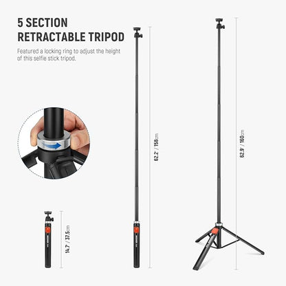 NEEWER Phone Tripod for Camera with Cell Phone Holder & Remote, 62.9" All Metal Selfie Stick Travel Vlog Video Recording Portable Stand Compatible with iPhone Canon Sony Nikon, Cleaning Cloth, TS05