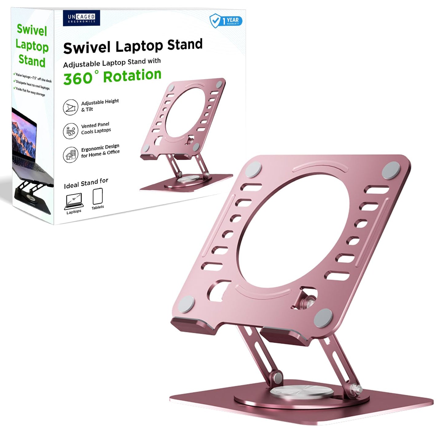Uncaged Ergonomics Swivel Laptop Stand for Desk, Adjustable Computer iPad Stand for Desk w/ 360 Rotation, Portable Laptop Holder for Home Office Ergonomic Supplies (Rose Gold)