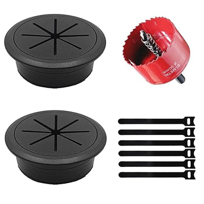 2 Pack Desk Grommet 2 Inch (50 mm), Desk Hole Cover for Cables, Black Desk Cord Hole Cover for Office Home Table, Cable Grommet with 1 Hole Saw Drill Attachment & 6 Cable Ties