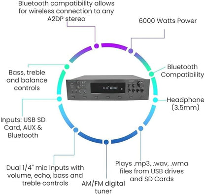 Vaiyer Home Audio System Kit, 6-Channel 6000 Watts Bluetooth Amplifier with 5.25" 12 QTY of 175 W Each in-Wall in-Ceiling Speakers & 16 AWG 500 ft. Speaker Wire - Perfect for Home, Office, Restaurants
