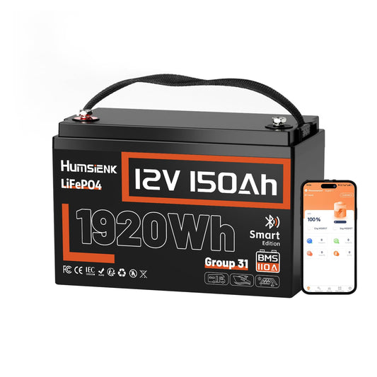HumsiENK 12V 150Ah LiFePO4 Lithium Battery – BCI Group 31 Deep Cycle Battery with Bluetooth & 110A BMS – 15000+ Cycles for Solar, RV, Marine, Off-Grid – Lightweight & Safe Replacement for Lead Acid