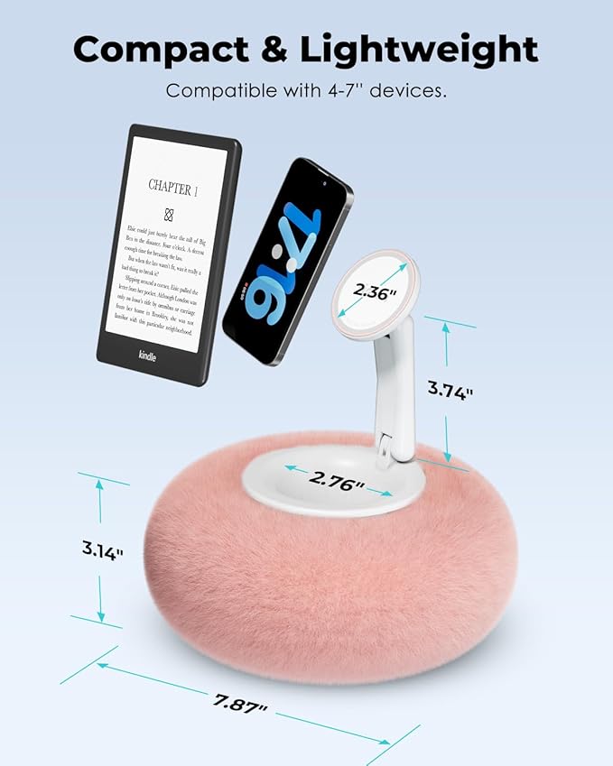 Viozon Phone Holder for Bed, Magnetic Pillow Stand, Compatible with 4-7" Phone/Kindle with Small Storage, Removable Suction Base for Stability, Idea for Kindle Reading and Video Watching On Bed,Pink