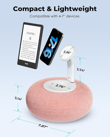 Viozon Phone Holder for Bed, Magnetic Pillow Stand, Compatible with 4-7" Phone/Kindle with Small Storage, Removable Suction Base for Stability, Idea for Kindle Reading and Video Watching On Bed,Pink