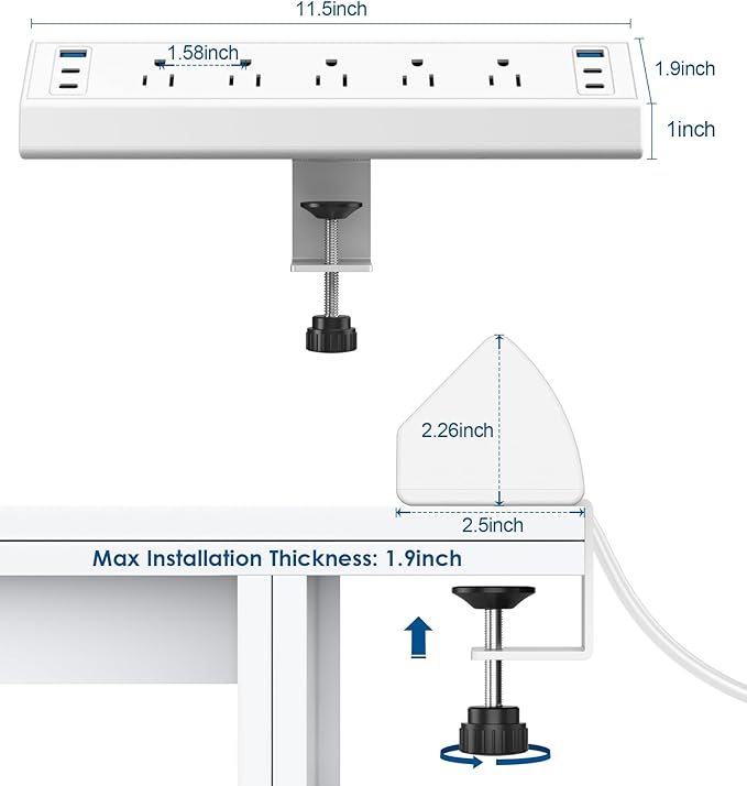 Desk Clamp Power Strip USB C,Under Desk Mount Power Station,20W Fast Charging,Fits 1.9'' Tabletop Edge,Desk Surge Protector,Perfect Home,Office Supplies (White, 5 Outlets & 6 USB Ports & 20 FT Cable)