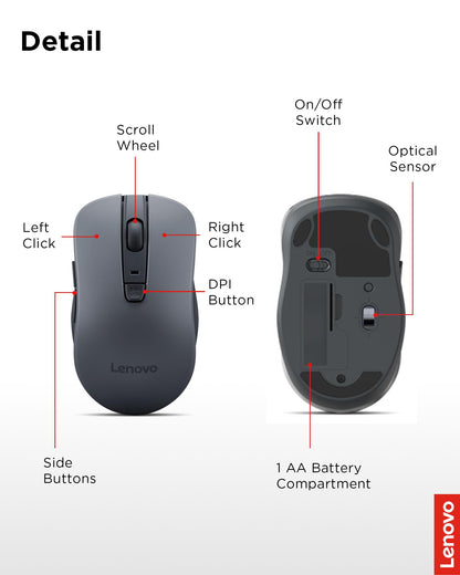 Lenovo WL310 Bluetooth Silent Mouse, Ergonomic, Adjustable DPI, Silent Clicks, Bluetooth 5.0, Portable for Windows, Mac, and Chromebook, Grey