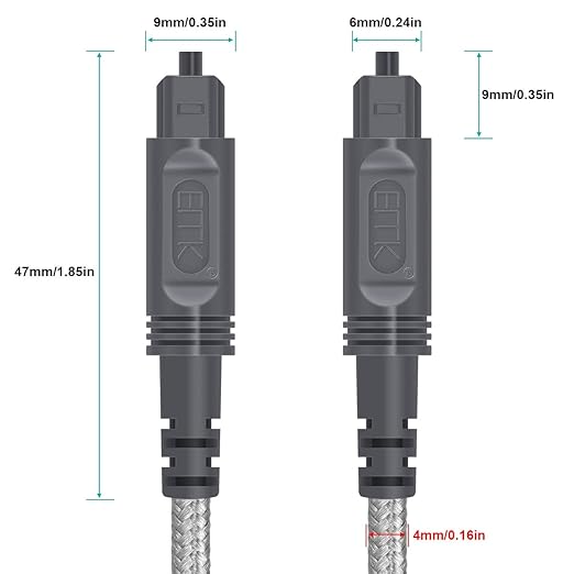 EMK Digital Optical Audio Cable Toslink Cable - [Cotton Braided Jacket,Durable and Flexible] Fiber Optic Cord for Home Theater, Sound bar, TV, PS4, Xbox & More (Grey-10Feet/3M)
