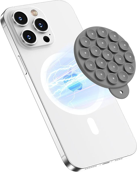 HSAOHD Magnetic Suction Cup Phone Mount with MagSafe, Silicone Hands-Free Grip Holder for iPhone Case and Android, Mirror Shower Phone Stand for Makeup FaceTime Gym Kitchen Bathroom, Gray