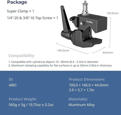 SMALLRIG Super Clamp Kit, Heavy Duty Max Load 33lb /15kg, with a 1/4"-20 & a 3/8"-16 Top Screw on a 5/8" Stud, for Photography Studio Video Camera Lighting, for Round Pipe and Flat Surface