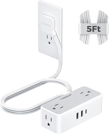 TESSAN Flat Plug Extension Cord 5 FT, Surge Protector Power Strip with 4 AC Outlets 1 USB C and 2 USB A Ports, 900 Joules Protection, Multiple Wall Outlet Extender Suitable for Home Office Dorm