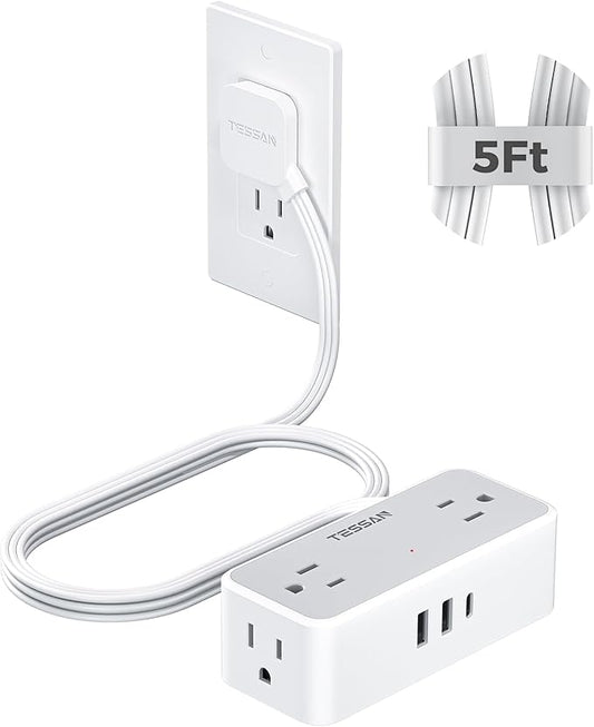 TESSAN Extension Cord 5 FT, Power Strip with 900J Surge Protection, Grey