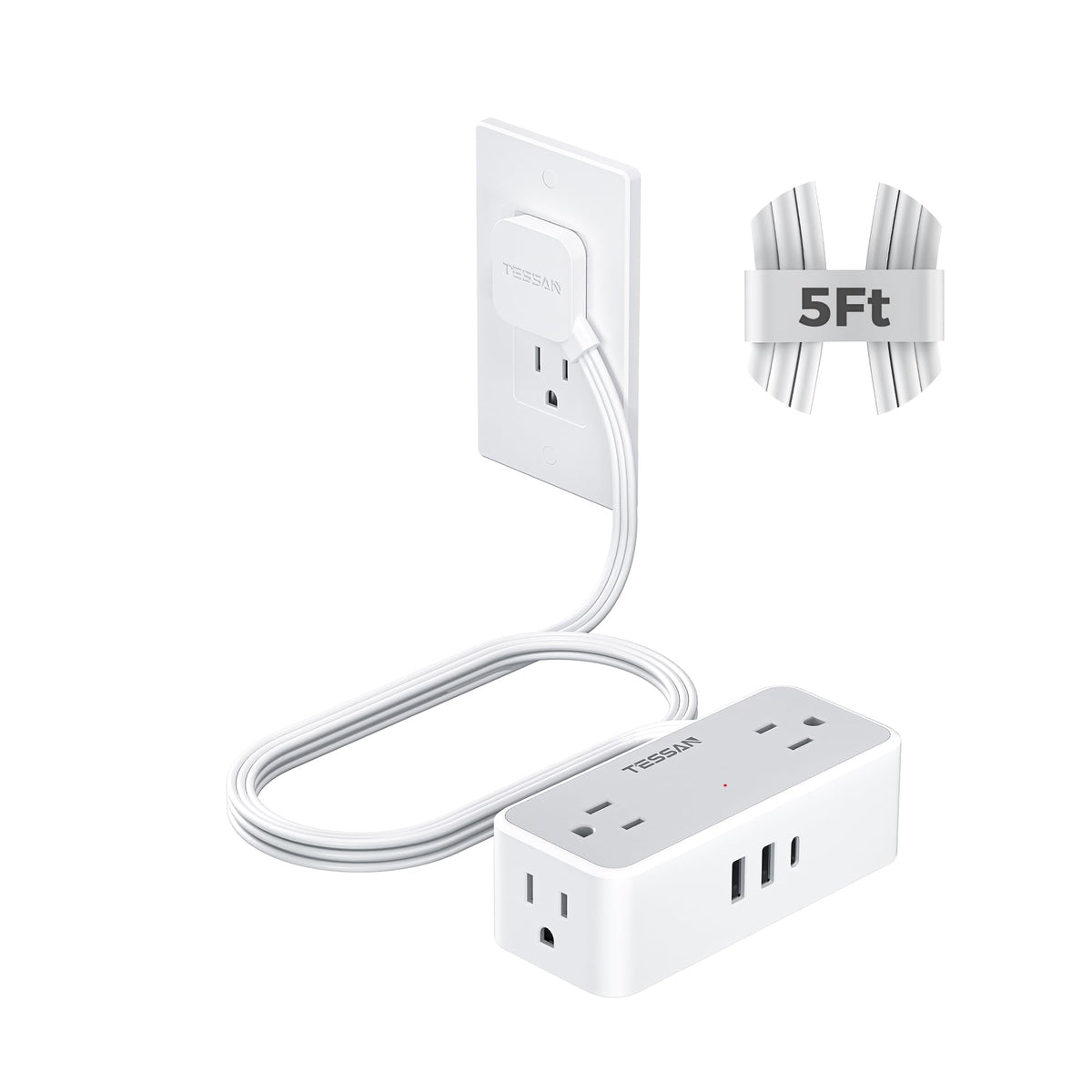 TESSAN Extension Cord 5 FT, Power Strip with 900J Surge Protection, Grey