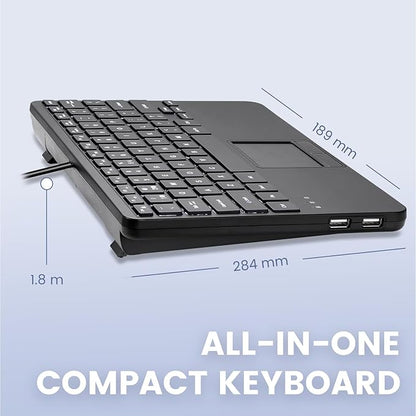 Perixx PERIBOARD-425 US Wired Mini USB Keyboard with Touchpad, X Type Scissor Keys, White Backlit, 2 USB Hubs, Compact 11.18x7.17x1.1 Inches, US English