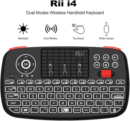 Rii (Upgrade) i4 Mini Bluetooth Keyboard with Touchpad, Blacklit Portable Wireless Keyboard with 2.4G USB Dongle for Smartphones, PC, Tablet, Laptop TV Box iOS Android Windows Mac.Black
