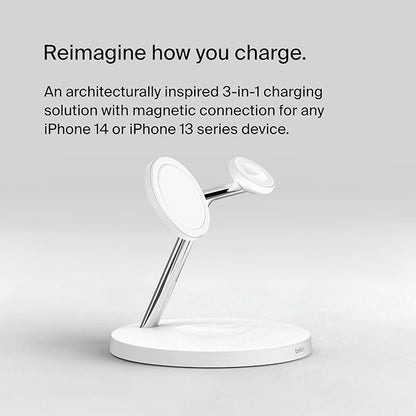 Belkin MagSafe Charger, 3-in-1 Wireless Charging Stand, 2ND GEN, 33% Faster for Apple Watch, iPhone 16, iPhone 15, iPhone 14 Series, AirPods - MagSafe Charging Station for Multiple Devices - White