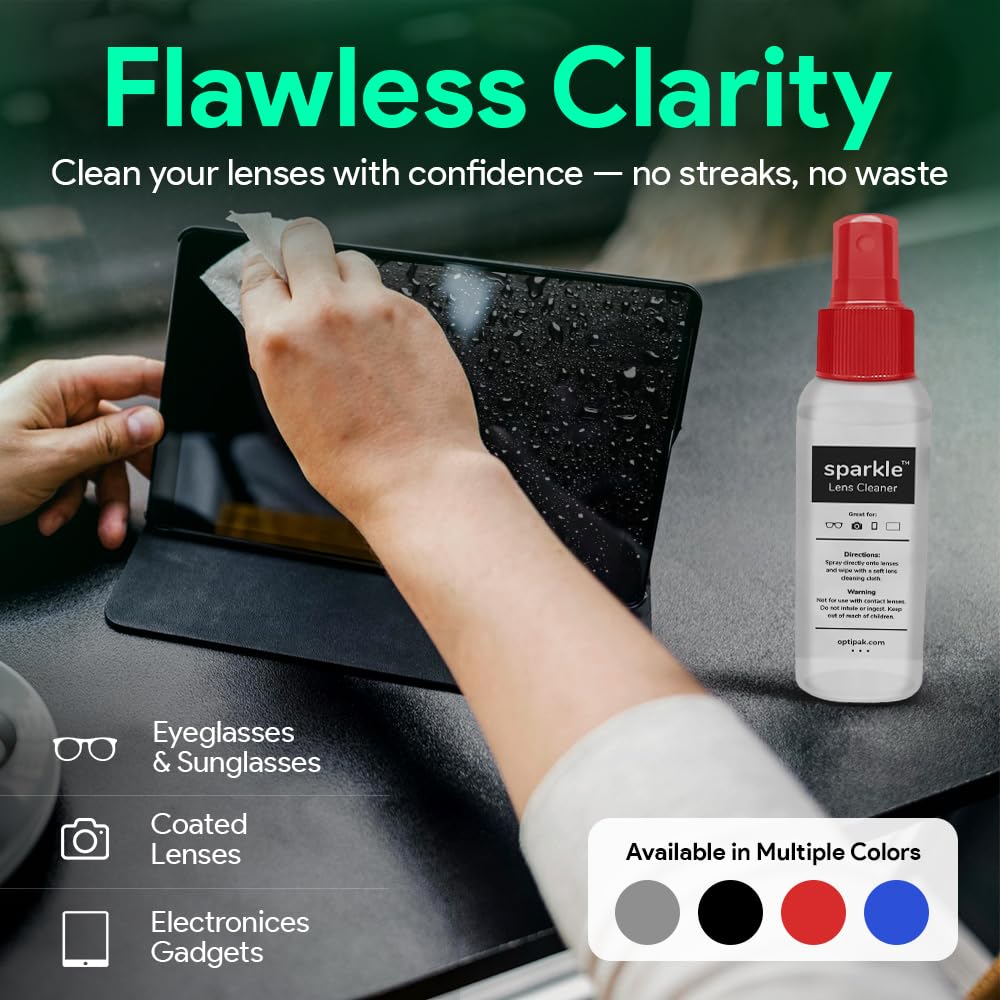 OPTIPAK Sparkle Anti-Reflective Lens Cleaner Spray kit | (2) 1oz Glasses Cleaner Spray + (2) Microfiber Cloth for Eyeglasses, Sunglasses, Lenses, Screens and Camera Cleaning Kit (4 Piece Set)
