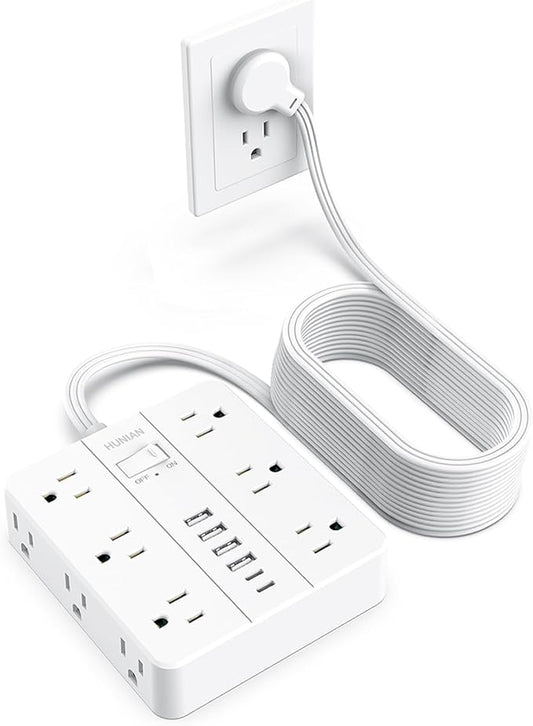 Extension Cord 25 Ft, HUNIAN Flat Plug Power Strip, 12 Widely Spaced Outlets with 6 USB Charger (2 USB C Ports), Desk Charging Station for Home Office Supplies, Dorm Room, White