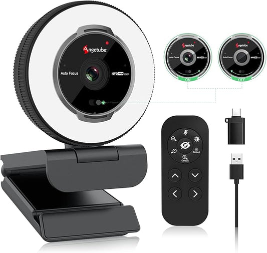 Angetube Streaming Webcam with Microphone, USB 1080P Web Cam w/Ring Light