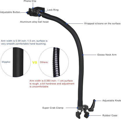 Gooseneck Phone Holder for Mic Stand/Music Stand/Stroller/Treadmill/Spin Bike/Exercise Bicycle,50 cm Long Flexible Gooseneck Arm Super Crab Clamp Mount,Compatible with 3.5~7.5" iPhone Devices