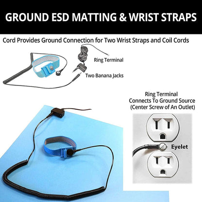 RubberStat Dual Layer ESD Compliant Workstation Rubber Table Mat Kit, Soldering, Cell Phone Repair, with Wrist Strap Set and Ground Cord - 30"x60" Blue