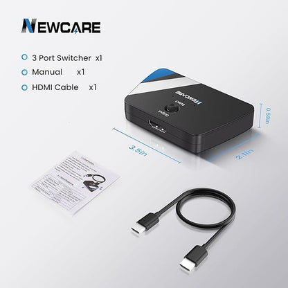 [Upgrade] HDMI Switch 3 in 1 Out, 4K@60Hz HDMI 2.0 Switch Splitter with 2.6FT Long HDMI Cable, 3-Port HDMI Switcher Selector, Supports 4K 30Hz 3D 1080P HDCP2.2 for PS5 Xbox DVD Player Fire Stick PC