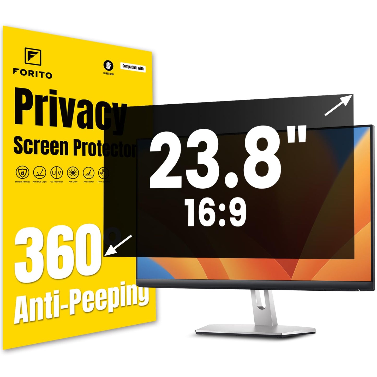 F FORITO 23.8 Inch 16:9 360°Privacy Screen Protector for Computer Monitor, Removable Eye Protection Anti Blue Light Anti Glare Computer Screen Privacy Shield for 23.8" Widescreen Monitors