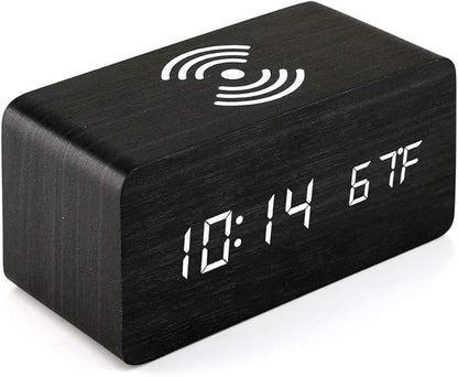 OCT17 Alarm Clock with Qi Wireless Charging Pad Compatible with iPhone Samsung Wood LED Digital Clock Sound Control Function, Time Date, Temperature Display for Bedroom Office Home - Black