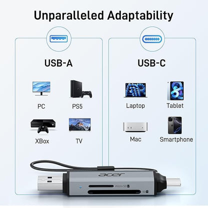 acer SD Card Reader USB C, Dual Slots USB 3.0 Type C to Micro SD Card Adapter, Memory Card Reader for MicroSD, SDHC, SDXC, Compatible with Laptop, PC, iPhone16/15, MacBook Pro/Air, iPad Pro, Android