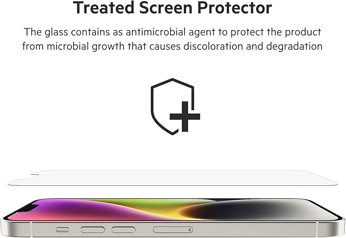 Belkin UltraGlass iPhone 14 Plus, iPhone 13 Pro Max Screen Protector - Easy Application with Installation Guide Tray - Crystal Clear Tempered Glass Screen Protector with AntiMicrobial-Treated Display